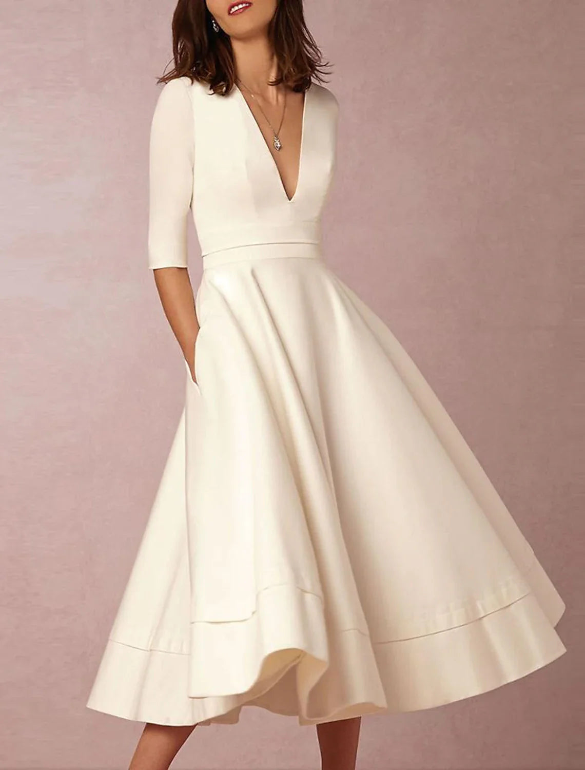 Reception Vintage 1940s / 1950s Little White Dresses Wedding Dresses A-Line V Neck Half Sleeve Tea Length Satin Bridal Gowns With Pleats White & Ivory ship in 48 hours