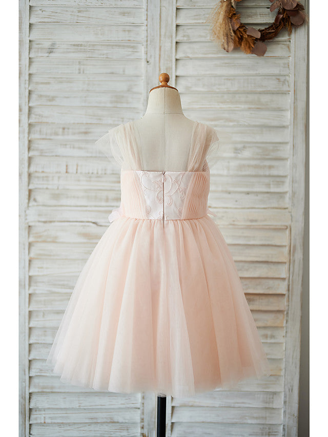 Cap Sleeve Sweetheart Ball Gown Knee Length Flower Girl Dress With Pearls and Tulle