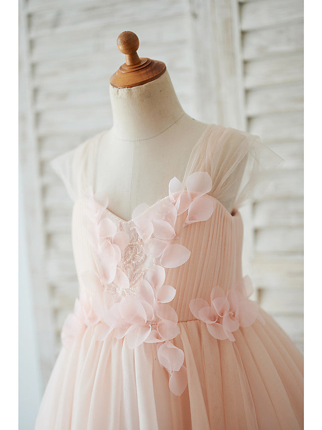 Cap Sleeve Sweetheart Ball Gown Knee Length Flower Girl Dress With Pearls and Tulle