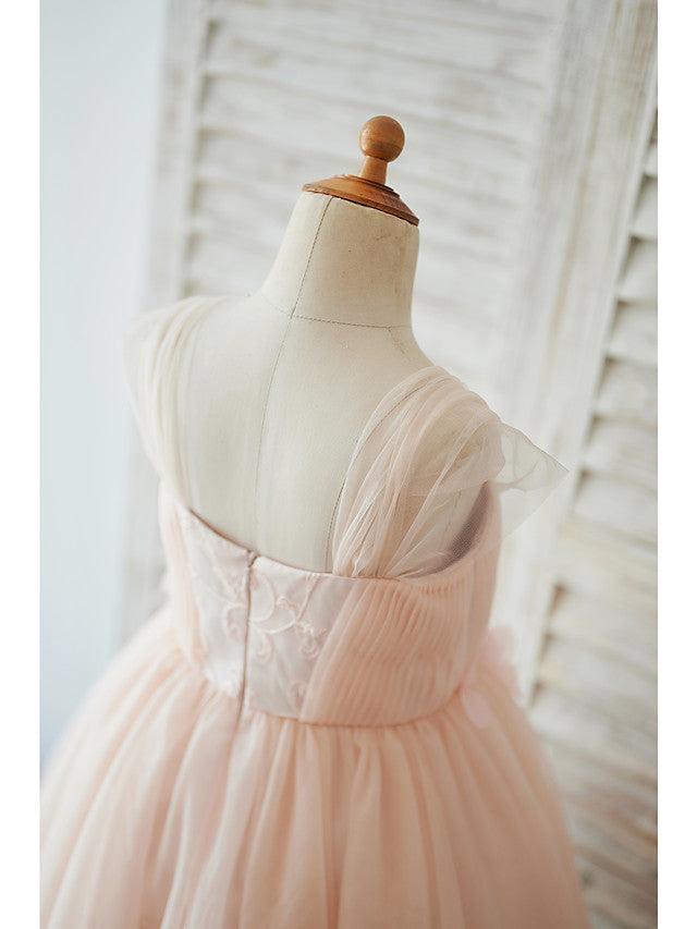 Cap Sleeve Sweetheart Ball Gown Knee Length Flower Girl Dress With Pearls and Tulle
