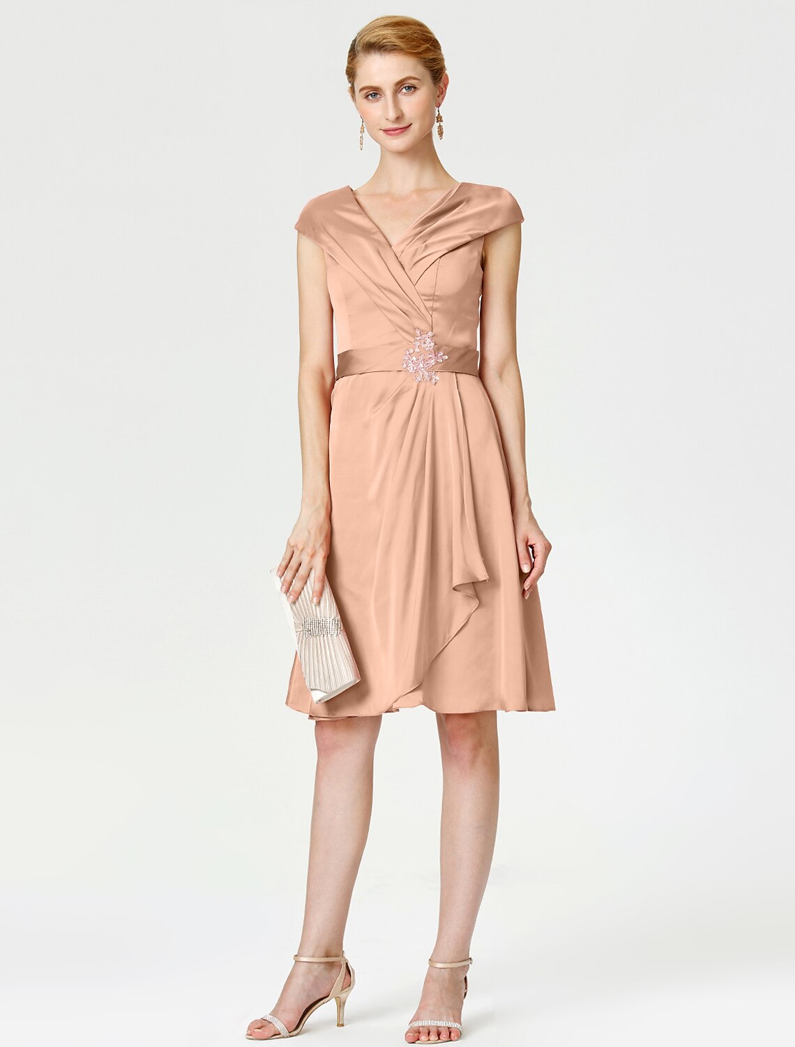 Aimishang A-Line Mother of the Bride Dress Elegant V Neck Knee Length Satin Chiffon Short Sleeve No with Sash / Ribbon Pleats Beading