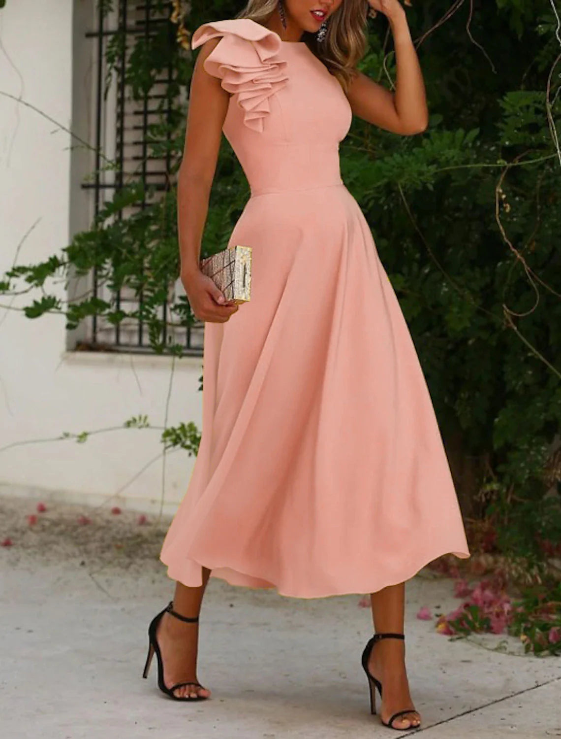 A-Line Cocktail Dresses Minimalist Dress Homecoming Wedding Guest Ankle Length Sleeveless Jewel Neck Fall Wedding Guest Fabric with Ruffles Pure Color