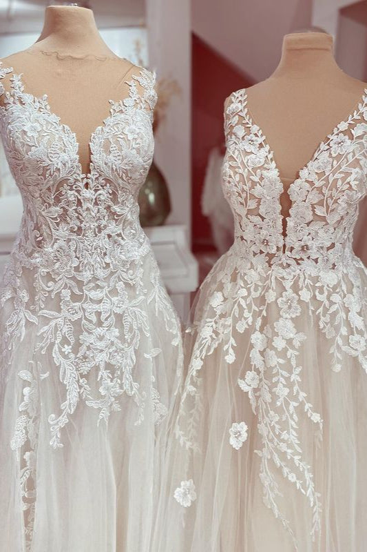 Charming Deep V-neck A-Line Lace Floor-length Wedding Dress with Tulle Appliques