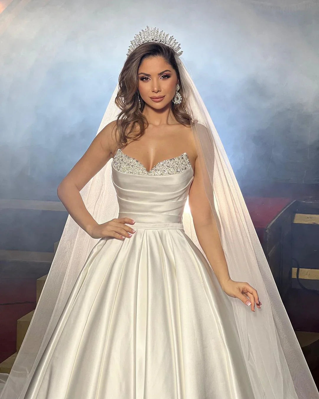 Ivory Satin Wedding Dress Ball Gown Beaded Sweetheart Bridal Dress Off Shoulder Floor Length