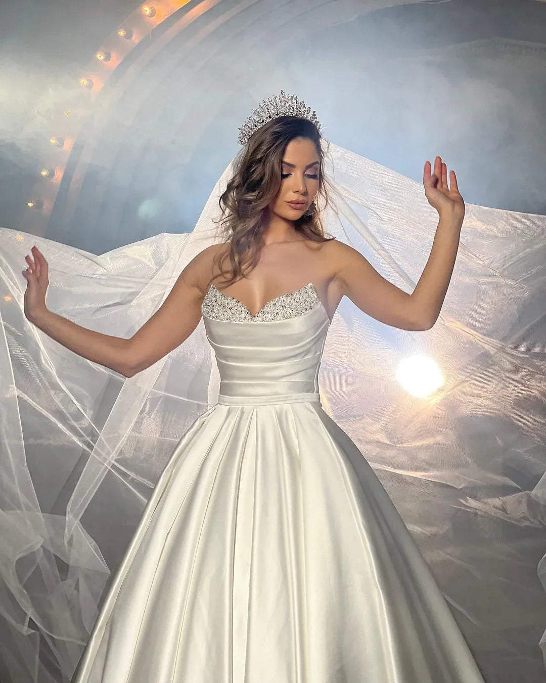 Ivory Satin Wedding Dress Ball Gown Beaded Sweetheart Bridal Dress Off Shoulder Floor Length