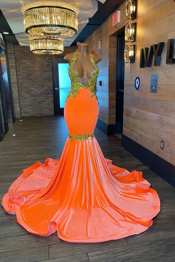 Charming Orange Halter Backless Mermaid Appliques Prom Dress