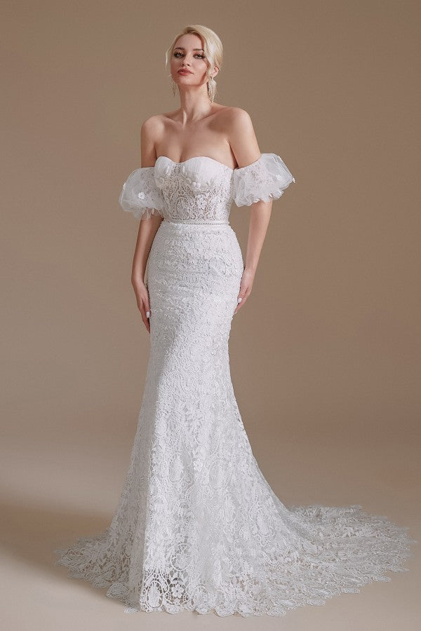 Charming Sweetheart Lace Long Mermaid Wedding Dress With Detachable Sleeves