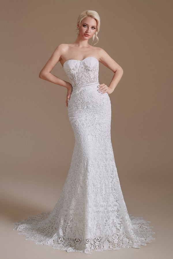 Charming Sweetheart Lace Long Mermaid Wedding Dress With Detachable Sleeves