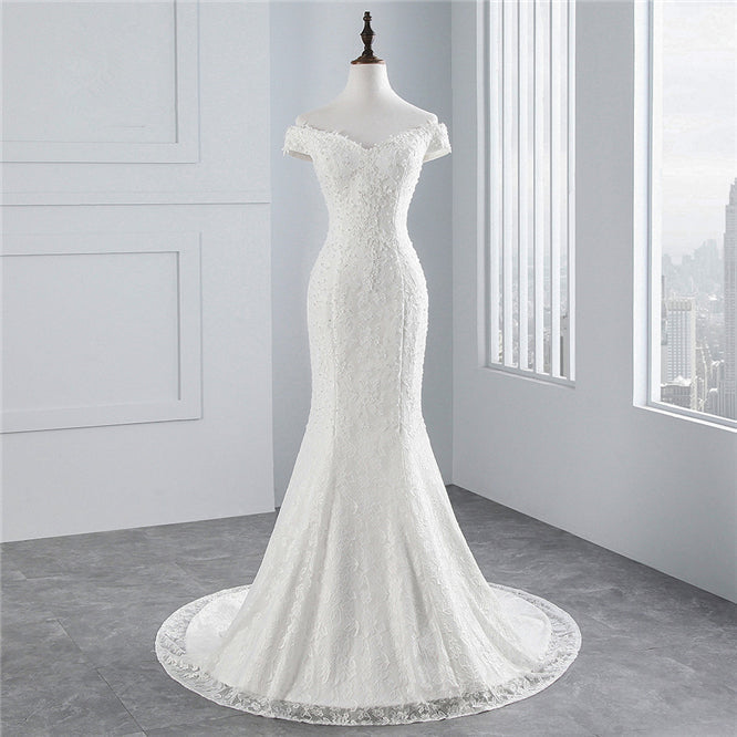 Chic Off-the-Shoulder Long Mermaid Wedding Dress with Lace