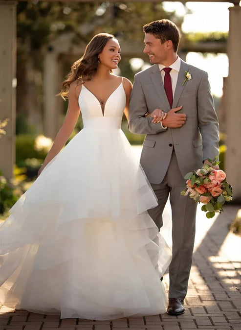 Classic Ball Gown Wedding Dress With Tulle Cascading Ruffles V-neck Sexy