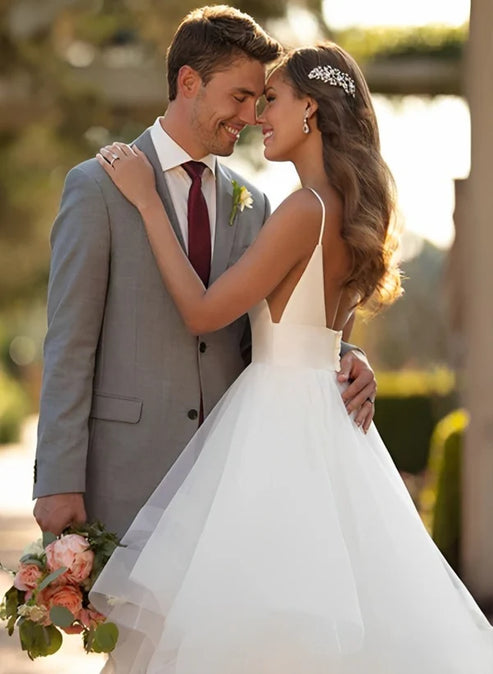 Classic Ball Gown Wedding Dress With Tulle Cascading Ruffles V-neck Sexy