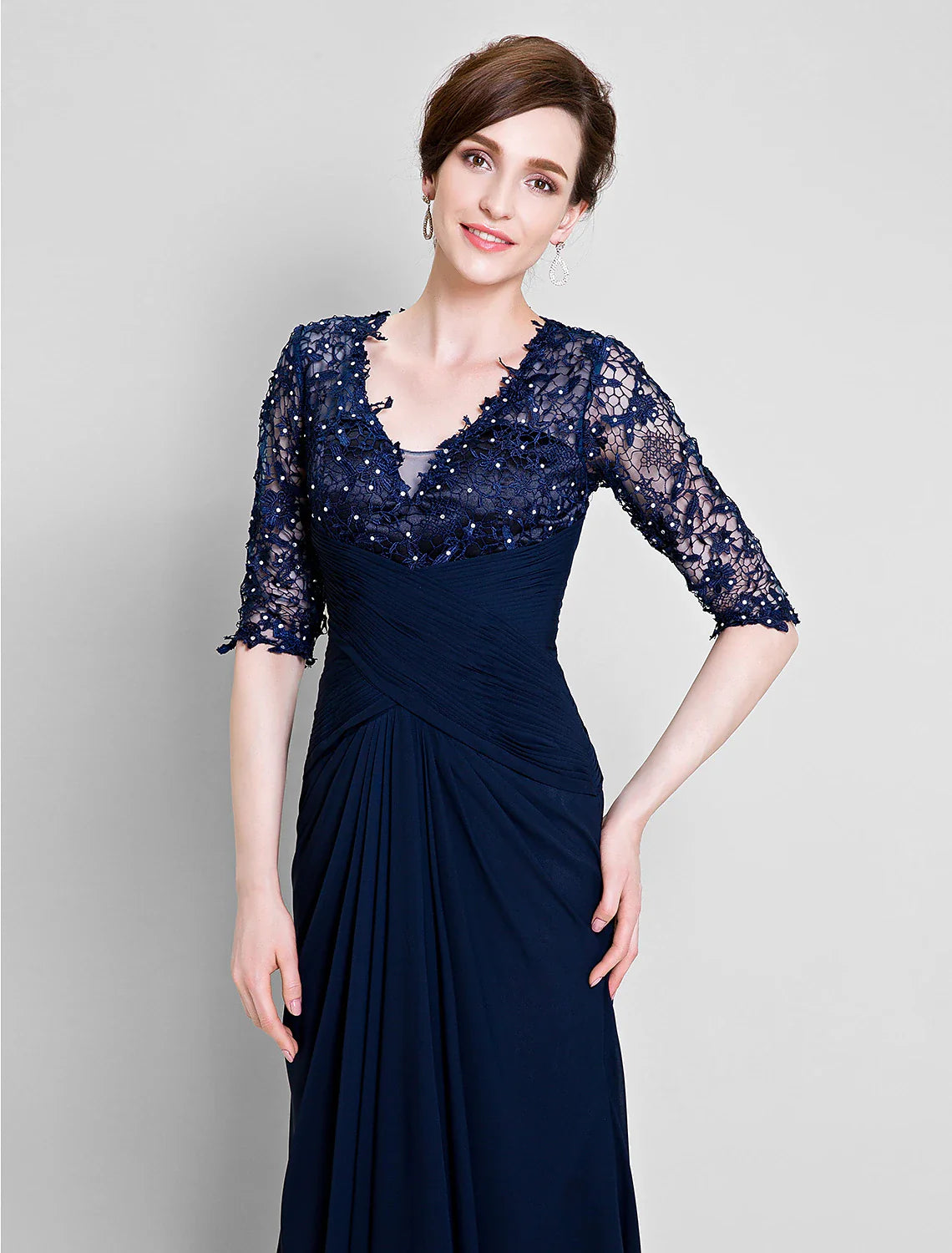 Aimishang A-Line Mother of the Bride Dress See Through V Neck Floor Length Chiffon Lace Half Sleeve No with Lace Beading