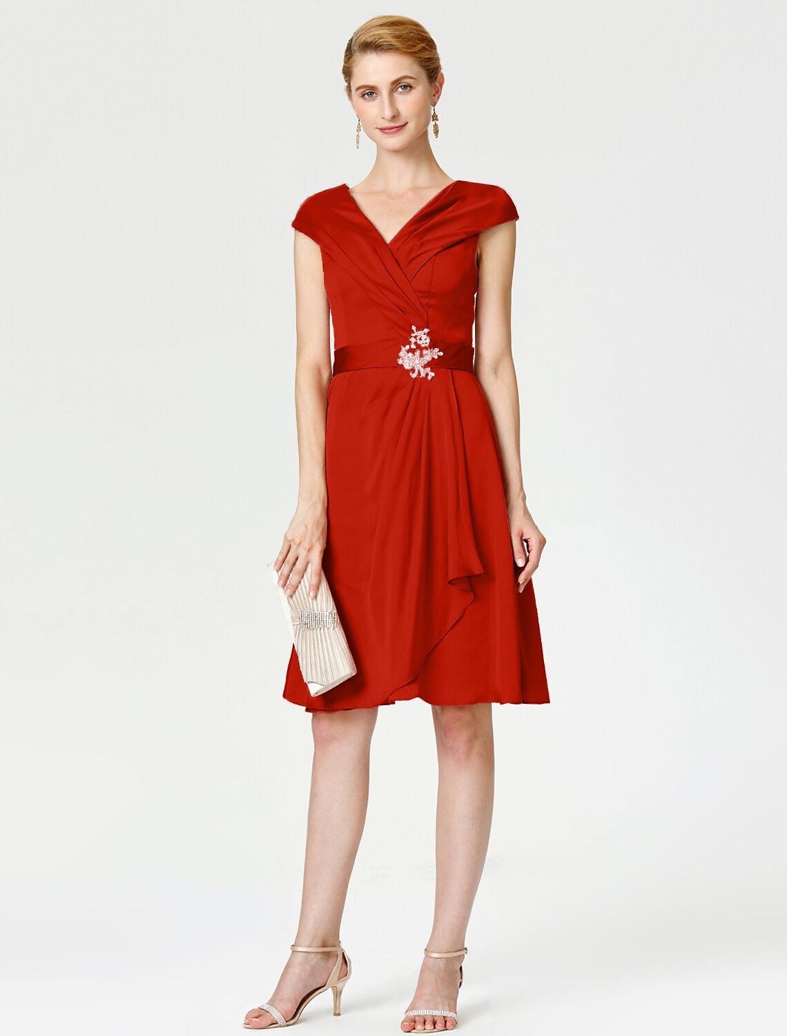 Aimishang A-Line Mother of the Bride Dress Elegant V Neck Knee Length Satin Chiffon Short Sleeve No with Sash / Ribbon Pleats Beading