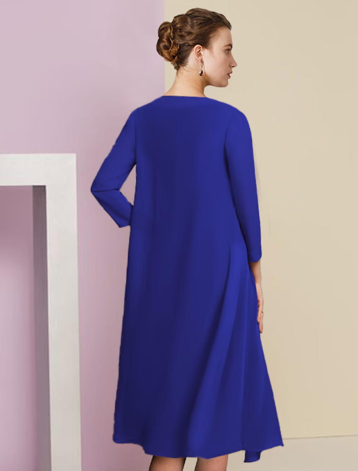 Two Piece Mother of the Bride Dress Formal Wedding Guest Vintage Elegant V Neck Knee Length Chiffon Lace Half Sleeve Jacket Dresses with Appliques
