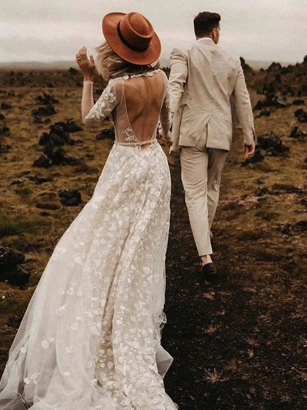 Romantic A-line Wedding Dresses With Long Sleeves Lace Bridal Gowns Elegant