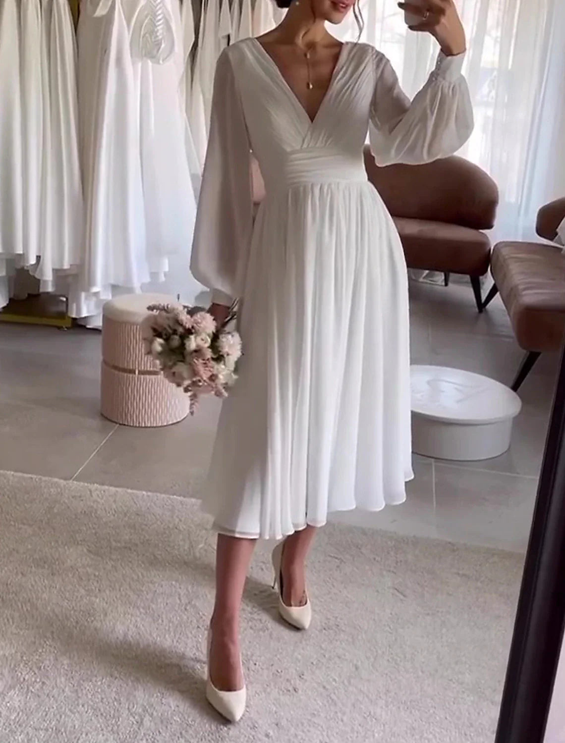 Aimishang Bridal Shower Simple Wedding Dresses Glitter & Sparkle Wedding Dresses Ball Gown Off Shoulder Sleeveless Knee Length Satin Bridal Gowns With Pleats Appliques