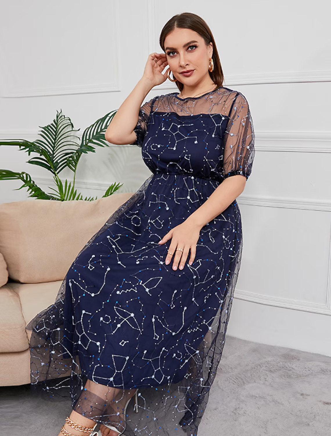 Plus Size Curve Mother of the Bride Dress Party Sparkle Shine Neck Ankle Length Tulle Half Sleeve with Sequin Embroider