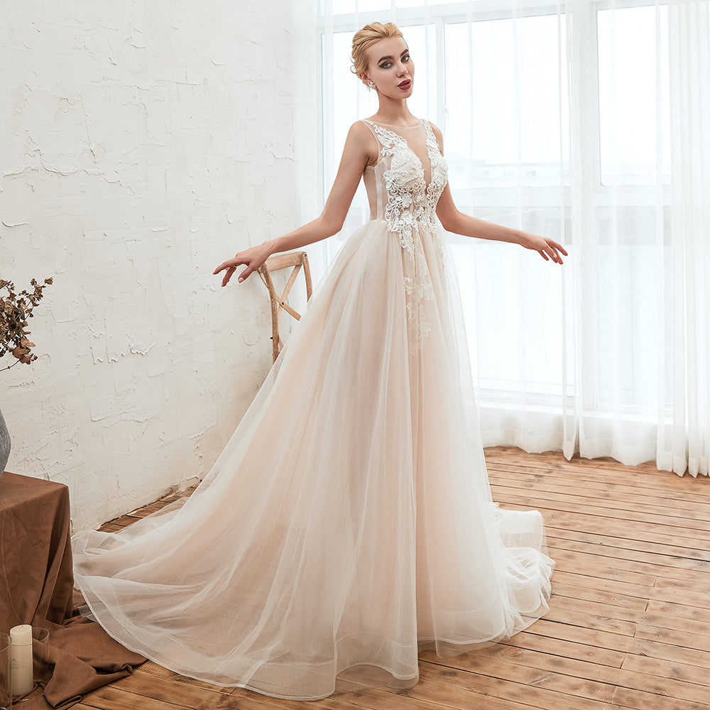 Delicate A-line Tulle Wedding Dress With Floral Lace and Bateau Open Back