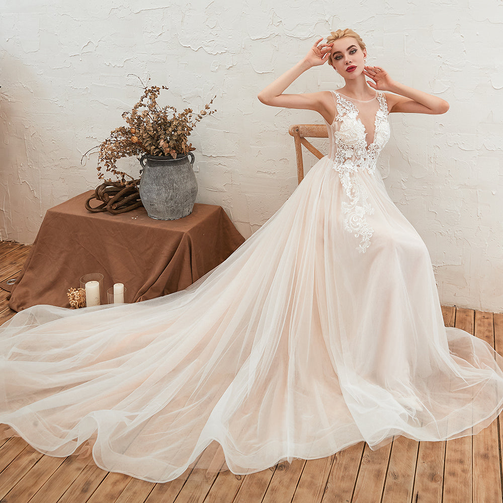 Delicate A-line Tulle Wedding Dress With Floral Lace and Bateau Open Back