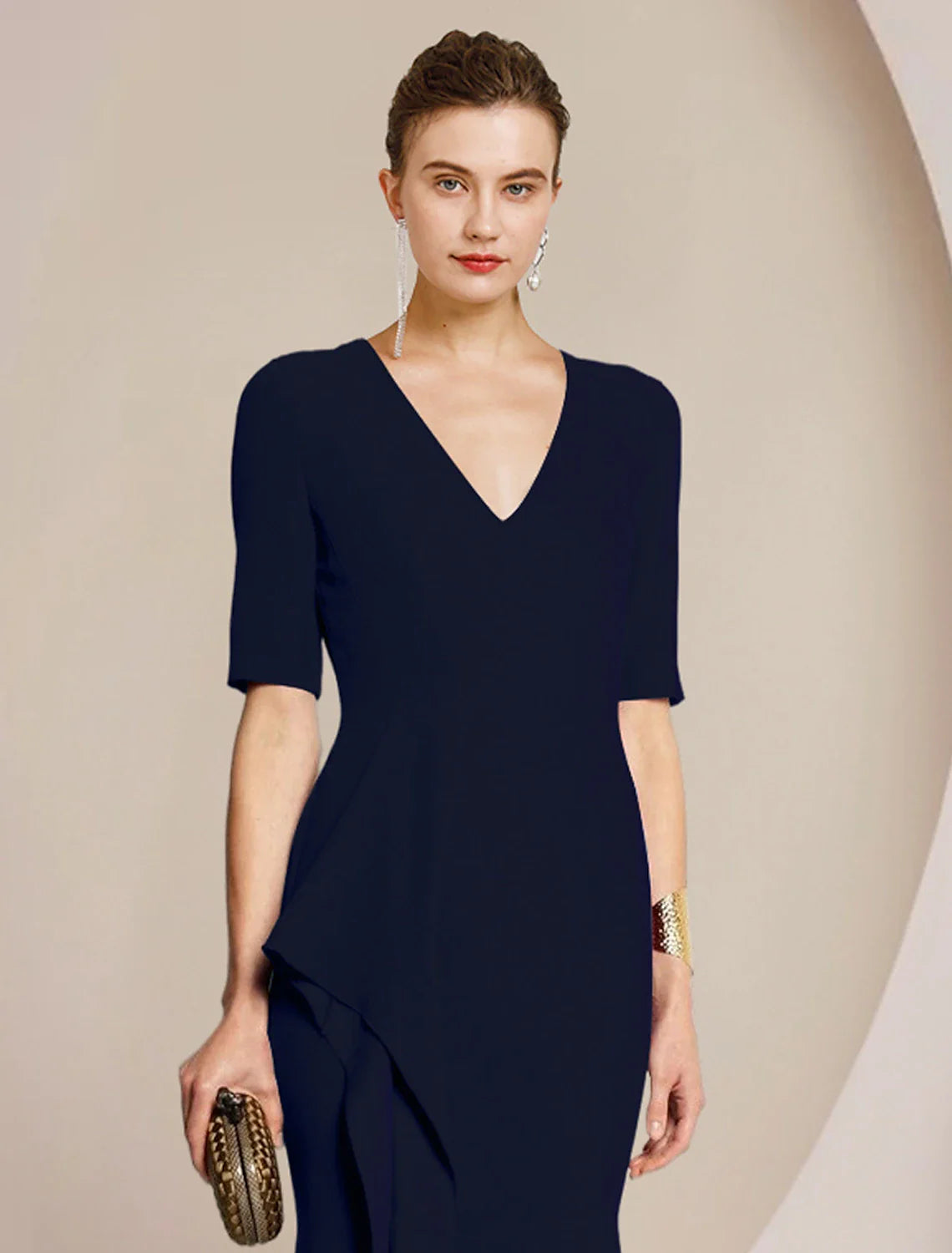Aimishang Sheath / Column Mother of the Bride Dress Formal Wedding Guest Elegant V Neck Floor Length Satin Half Sleeve with Split Front Ruching