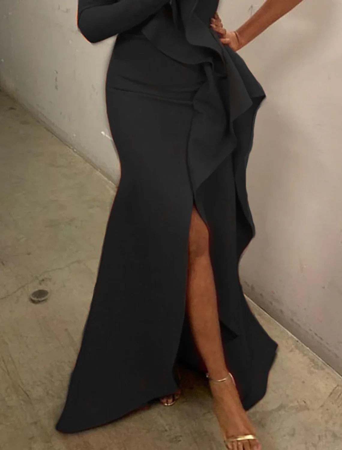 Mermaid / Trumpet Evening Gown Elegant Dress Formal Evening Floor Length Long Sleeve One Shoulder Fall Wedding Guest Fabric with Ruffles Pure Color