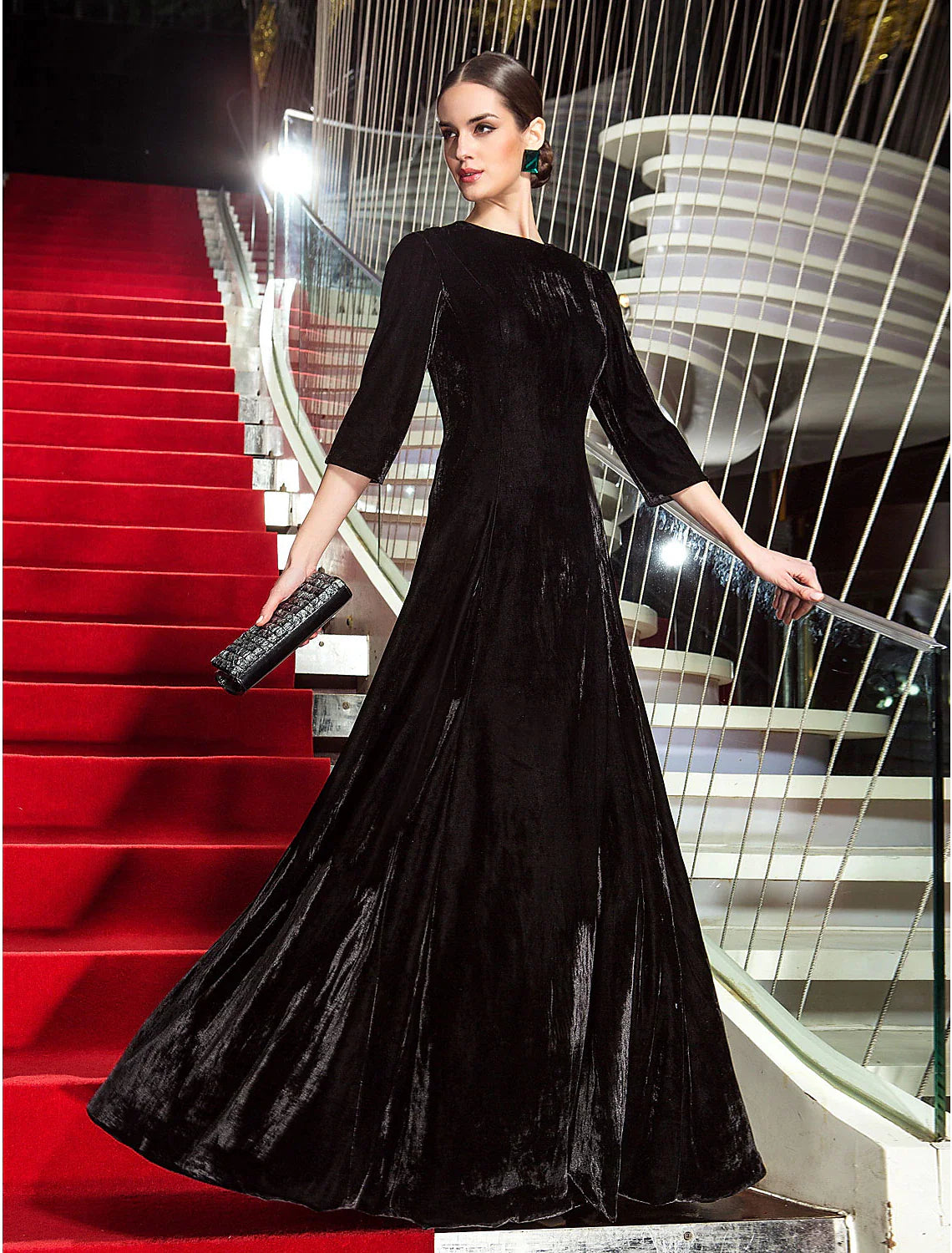 A-Line Black Dress Vintage Wedding Guest Formal Evening Floor Length 3/4 Length Sleeve Jewel Neck Velvet with Pleats