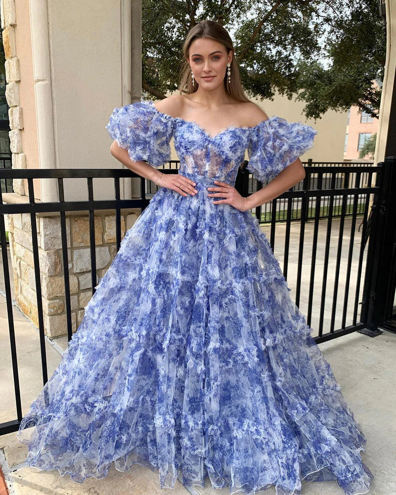 A Line Pink Green Flower Strapless Corset Tulle Long Prom Dress Off Shoulder