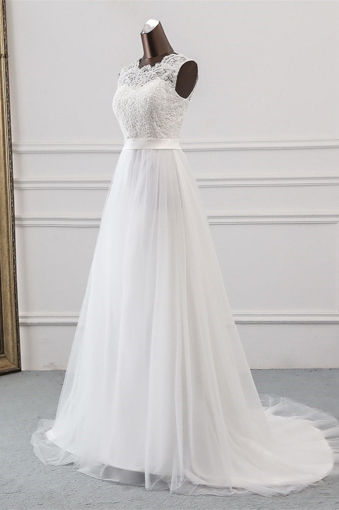 Elegant A-line Jewel Wedding Dress with Tulle and Appliques Lace