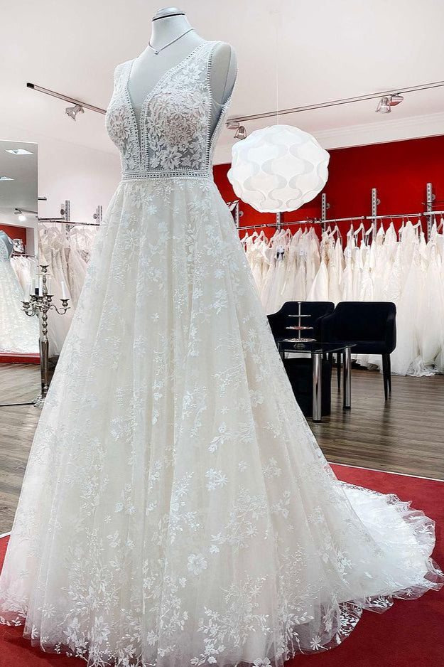 Elegant A-Line Lace Wedding Dress with Long Appliques Tulle Open Back