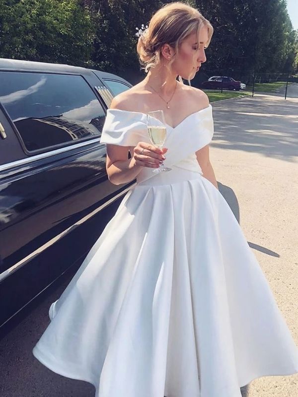 Elegant A-line Satin Off-The-Shoulder Short Wedding Dress