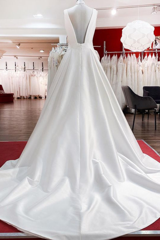Elegant Long A-line V-Neck Satin Wedding Dress With Ruffles and Open Back