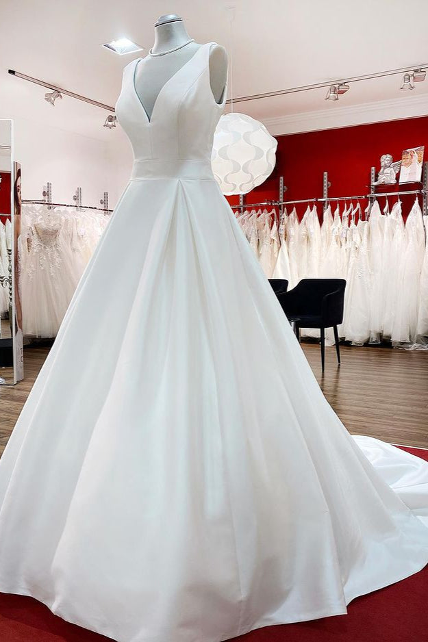 Elegant Long A-line V-Neck Satin Wedding Dress With Ruffles and Open Back