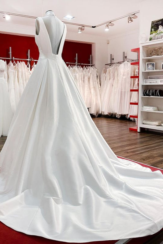 Elegant Long A-line V-Neck Satin Wedding Dress With Ruffles and Open Back