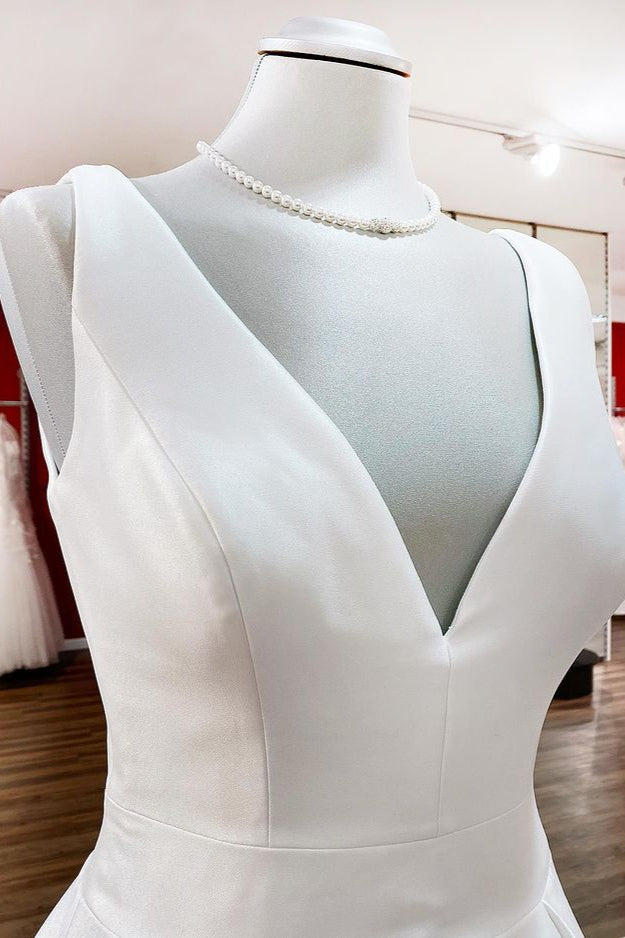 Elegant Long A-line V-Neck Satin Wedding Dress With Ruffles and Open Back