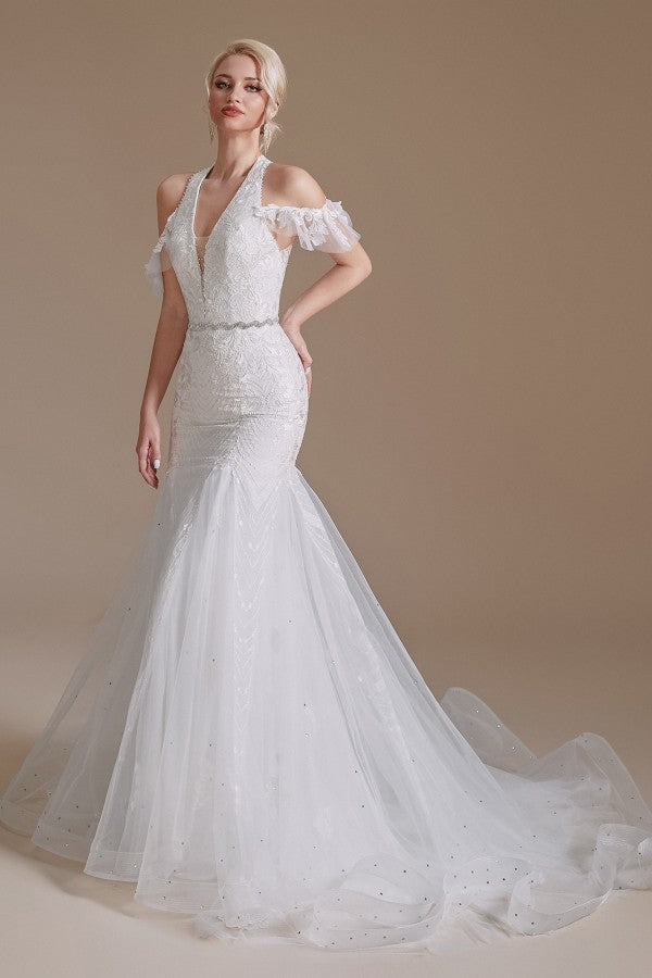 Elegant Long Mermaid Halter Tulle Floor-Length Wedding Dress with Appliques Lace