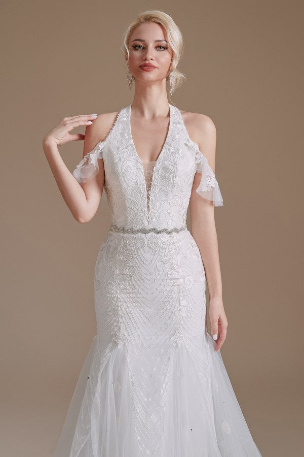 Elegant Long Mermaid Halter Tulle Floor-Length Wedding Dress with Appliques Lace