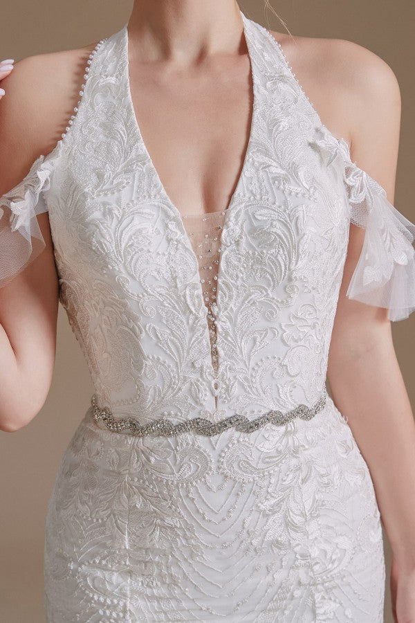 Elegant Long Mermaid Halter Tulle Floor-Length Wedding Dress with Appliques Lace