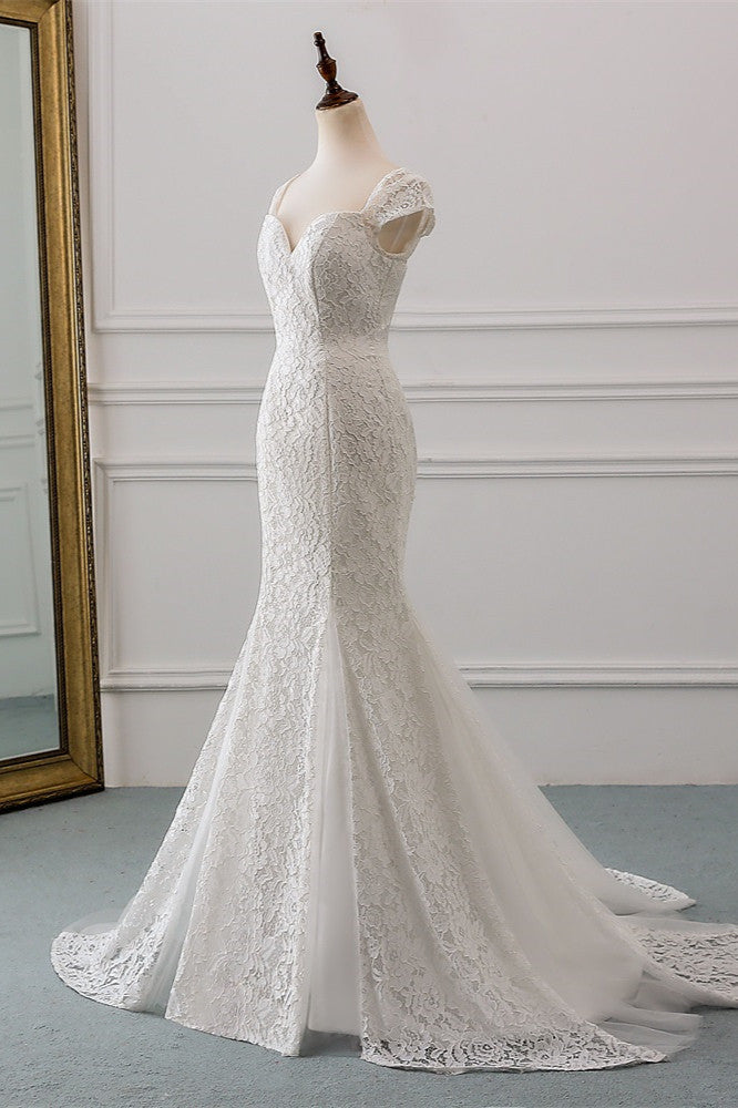 Elegant Sweetheart Lace Long Mermaid Wedding Dress with Cap-Sleeves