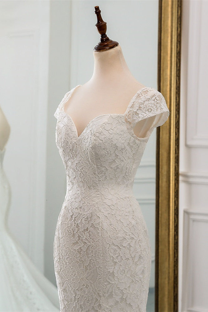 Elegant Sweetheart Lace Long Mermaid Wedding Dress with Cap-Sleeves