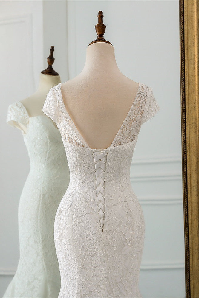 Elegant Sweetheart Lace Long Mermaid Wedding Dress with Cap-Sleeves