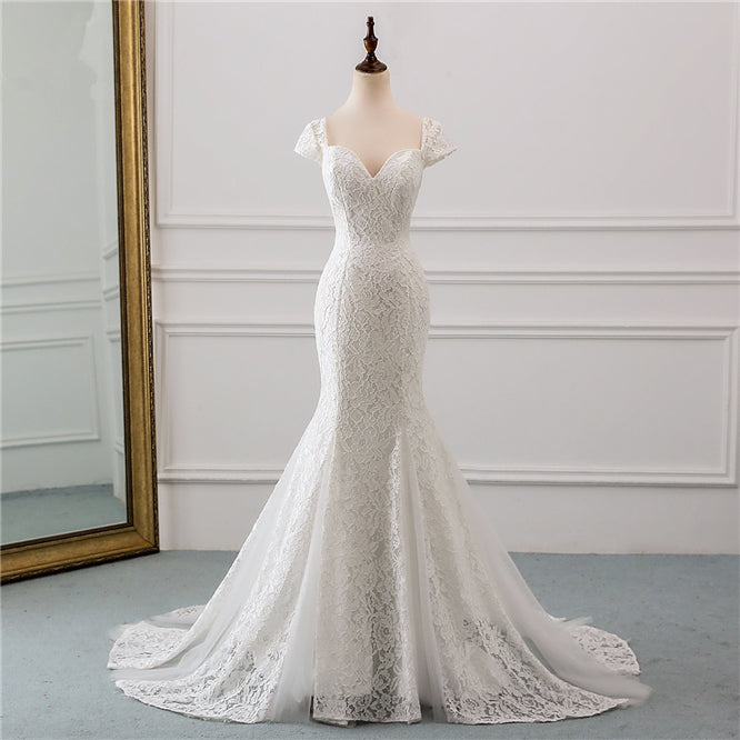 Elegant Sweetheart Lace Long Mermaid Wedding Dress with Cap-Sleeves