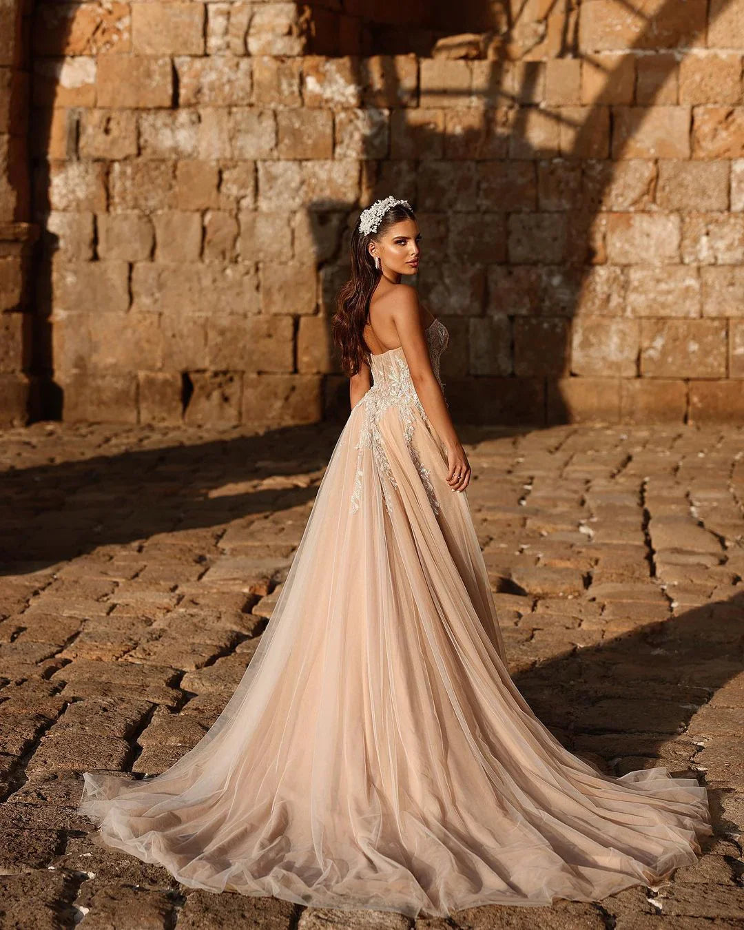 Champagne Wedding Dress Sweetheart A Line Beaded Tulle Bridal Gown With Appliques And Slit Off Shoulder