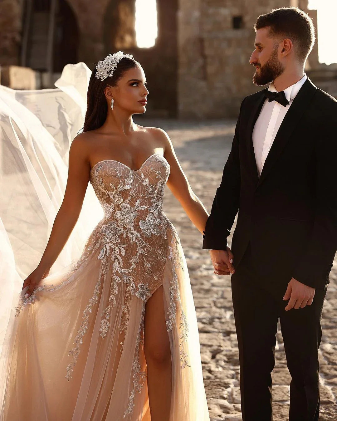 Champagne Wedding Dress Sweetheart A Line Beaded Tulle Bridal Gown With Appliques And Slit Off Shoulder