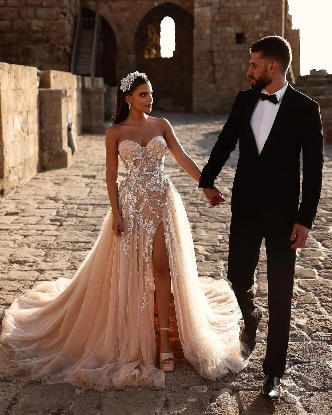 Champagne Wedding Dress Sweetheart A Line Beaded Tulle Bridal Gown With Appliques And Slit Off Shoulder