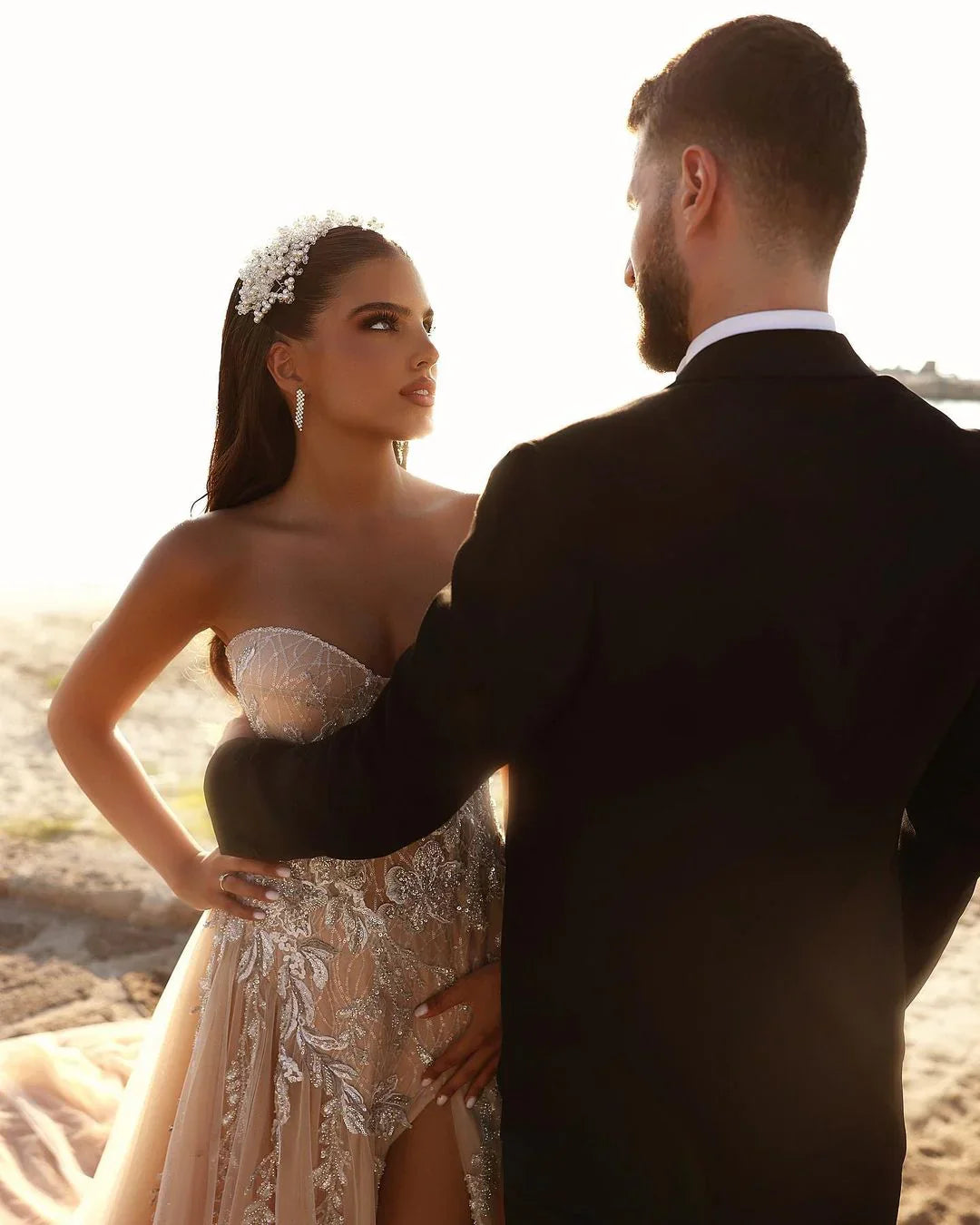 Champagne Wedding Dress Sweetheart A Line Beaded Tulle Bridal Gown With Appliques And Slit Off Shoulder