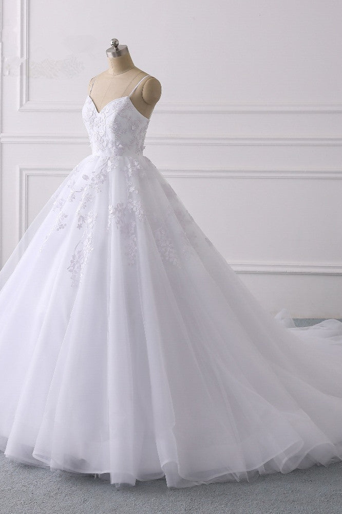 Elegant V-Neck Wedding Dress with Lace Appliques and Spaghetti-Straps