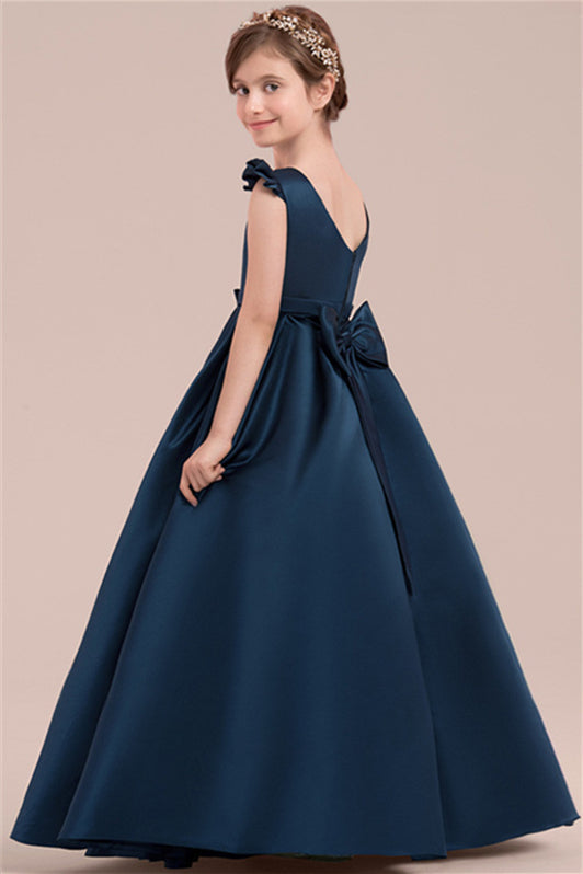 Fabulous Navy Blue Satin Flower Girl Dress With Bowknot