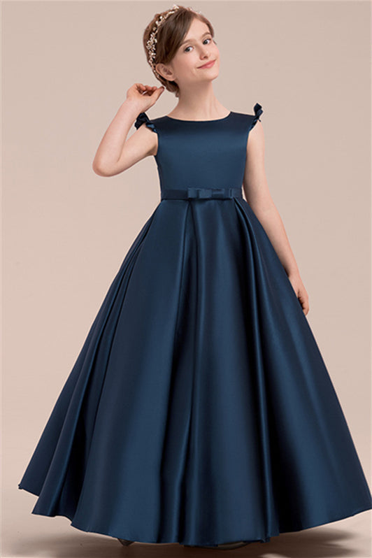 Fabulous Navy Blue Satin Flower Girl Dress With Bowknot