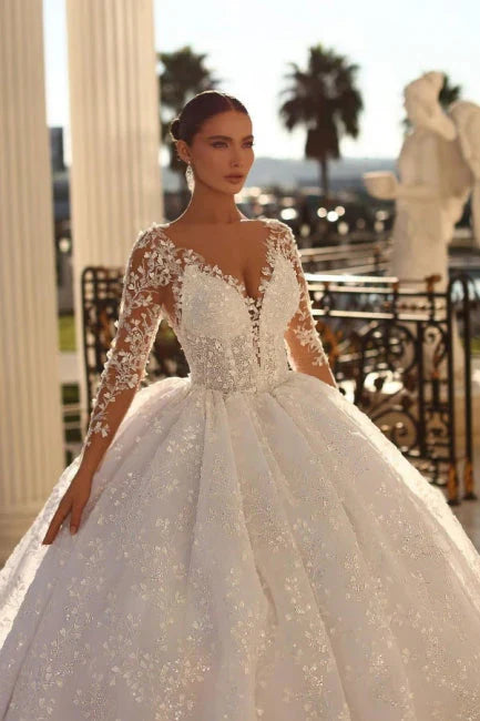 Ivory Ball Gown Wedding Dress Long Sleeves Lace Bridal Dress With Sweep Train Elegant