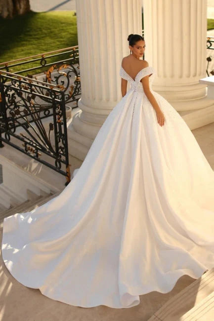Ivory Wedding Dress Off The Shoulder Ball Gown Sequined Bridal Dress With Sweep Train Sexy